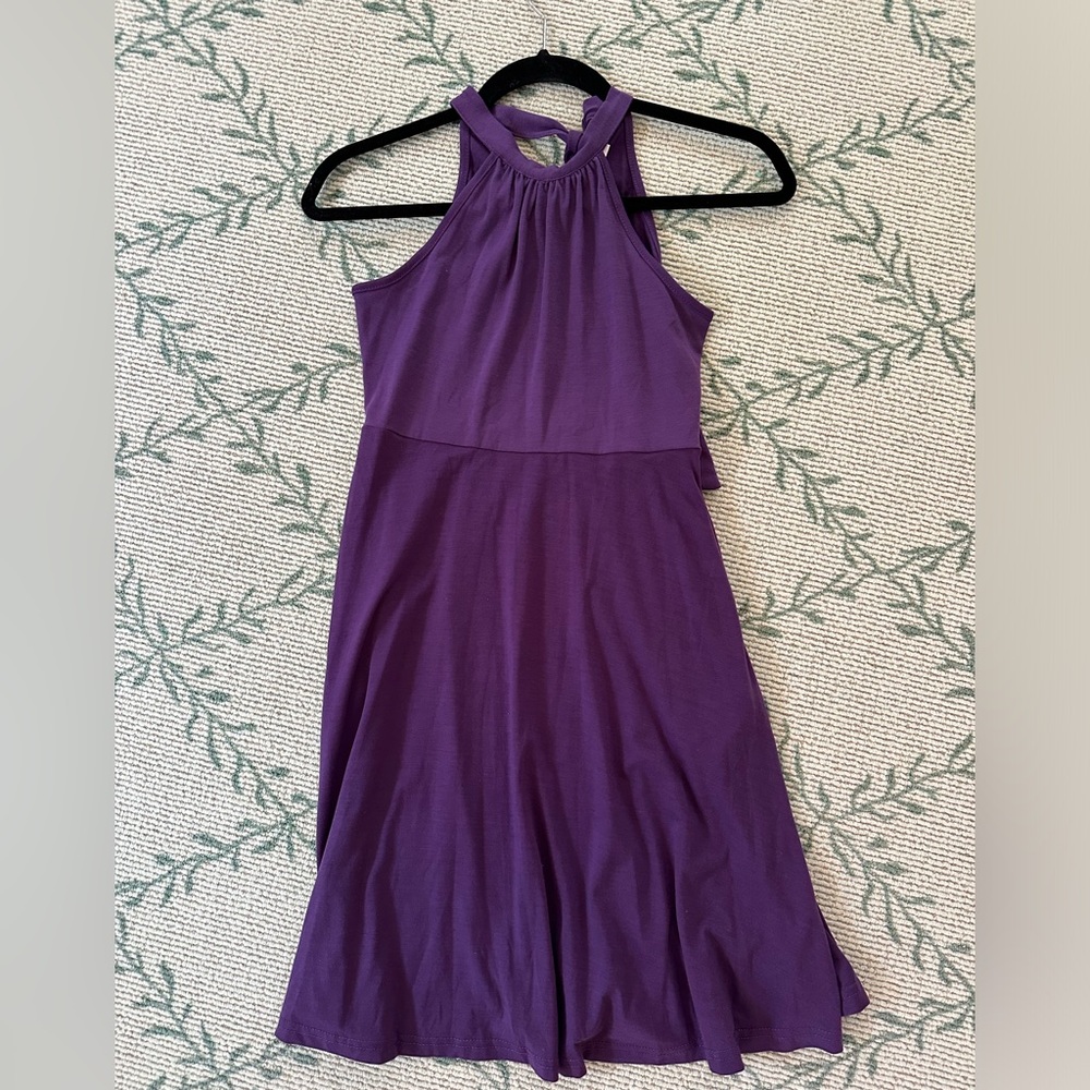 Girls cotton jersey purple halter neck dress. Girls size 11-12y